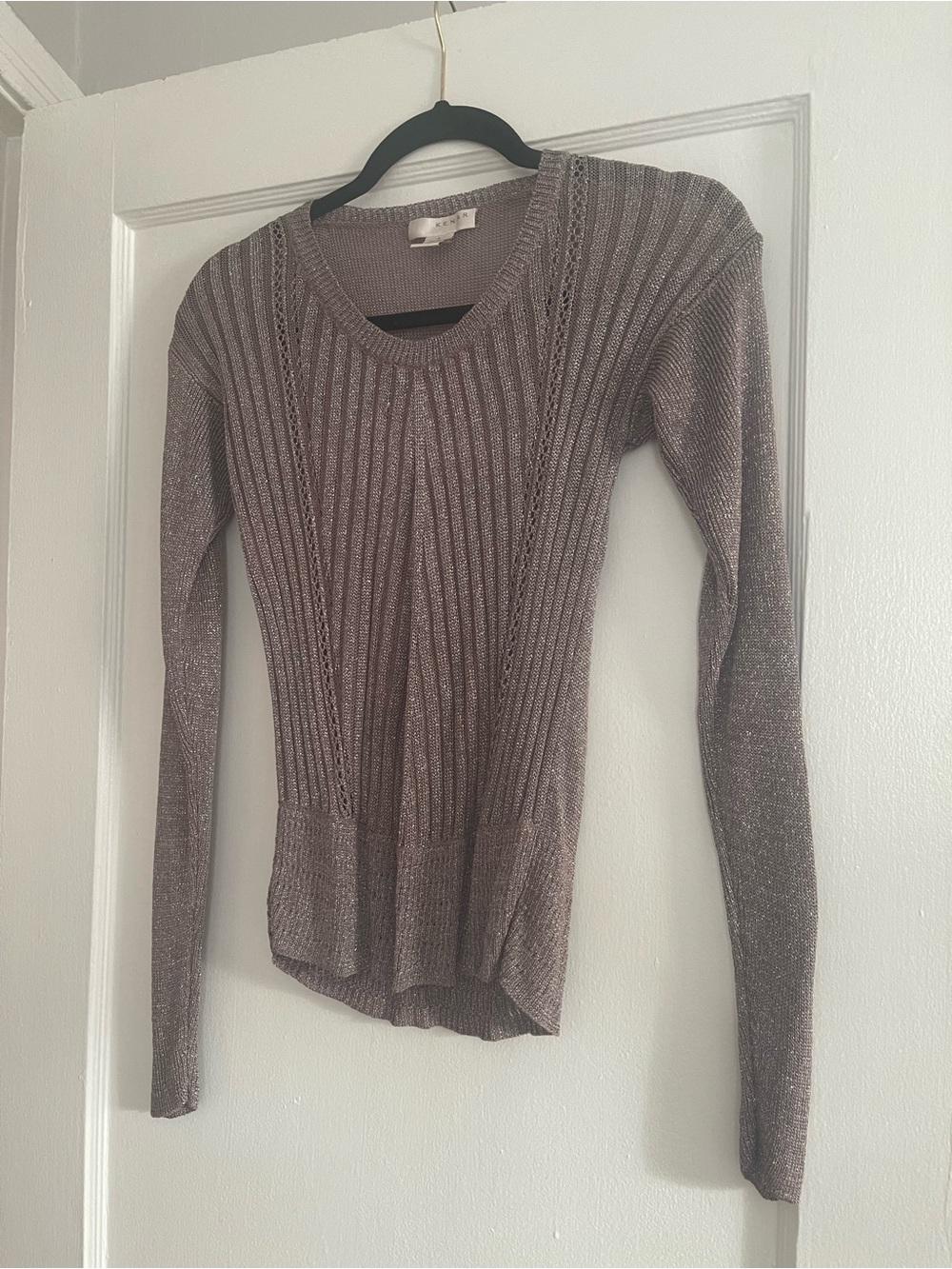Metallic Taupe Ribbed Long-Sleeve Women's Sweater